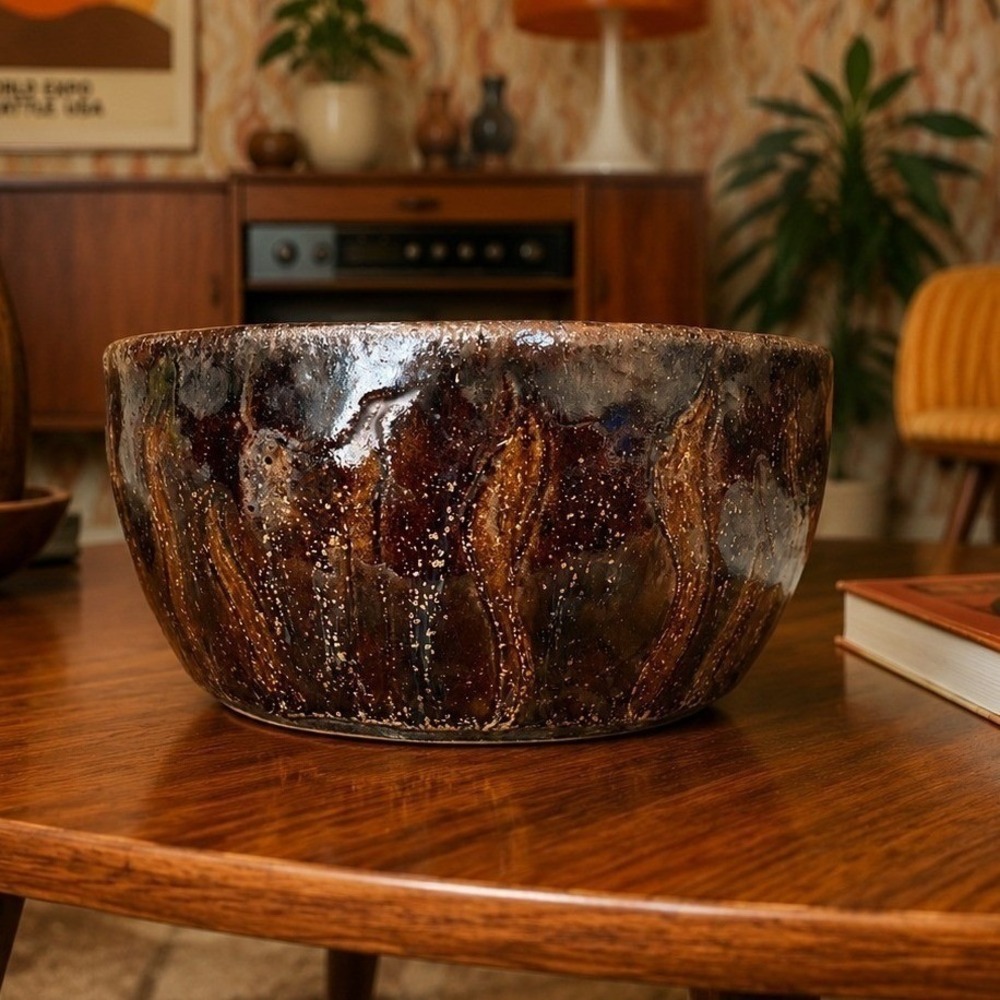 Vintage Studio Pottery Bowl Mid Century Modern Fat Lava Glaze 8" USA 1975
